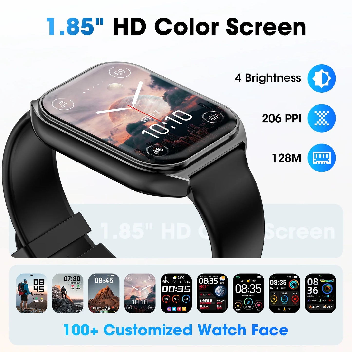 1.85-Inch Men'S and Women'S Smartwatch Fits for Android and Iphone Devices with Fitness Tracker, 100+ Sport Modes / Answer / Call, IP68 Waterproof Fitness Watch (Black)